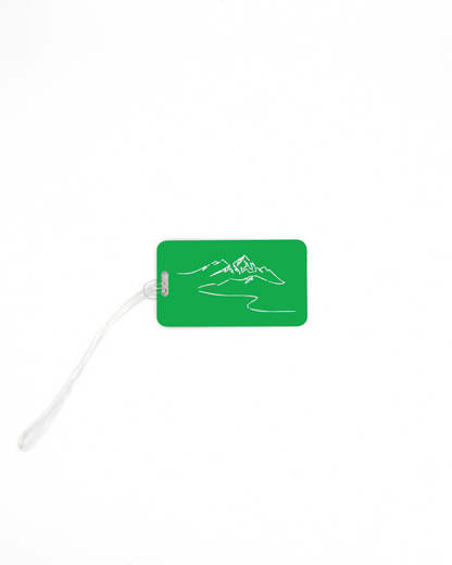 Mountain design acrylic luggage tag with worm loop in spring green.