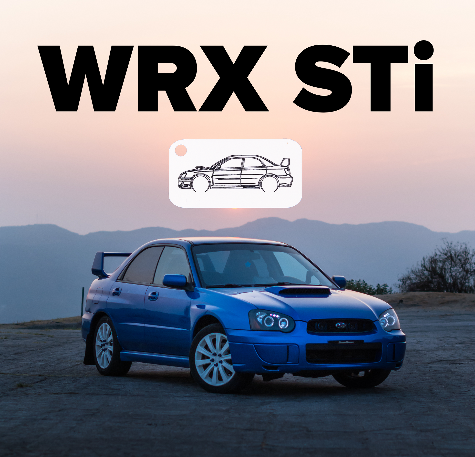 Picture of WRX Sti Acrylic Keychain in white with WRX STi in background. 